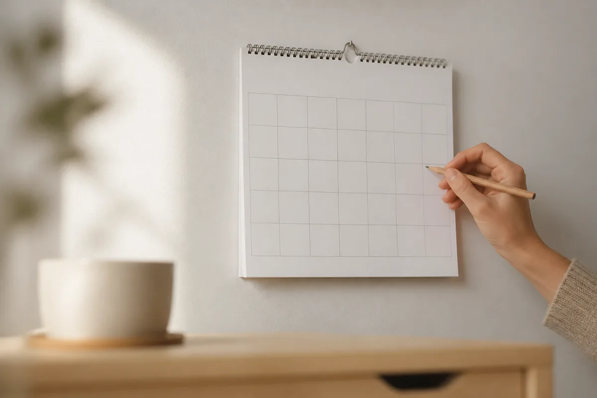 Calendrier mural en papier posé près d&rsquo;une tasse, lumière naturelle du matin