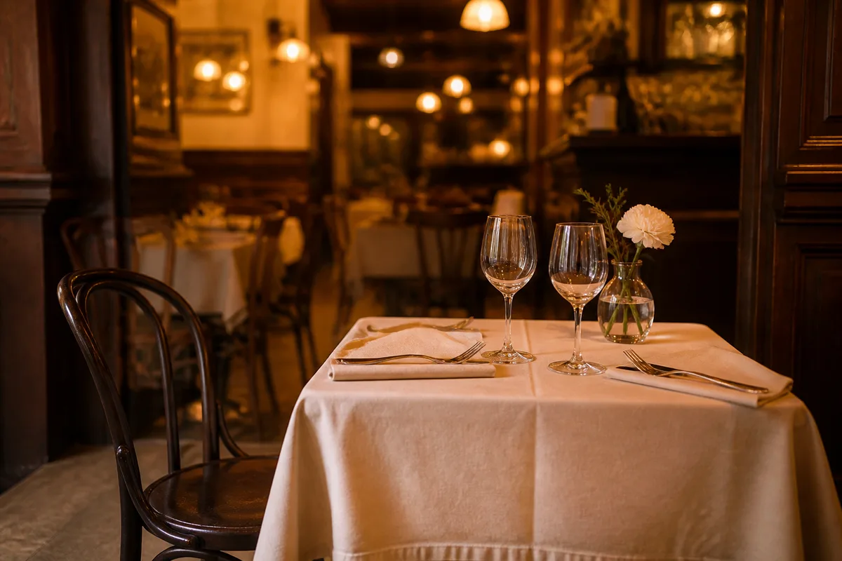 Table de restaurant dressée pour deux, chaise vide, lumière chaude en fin de service