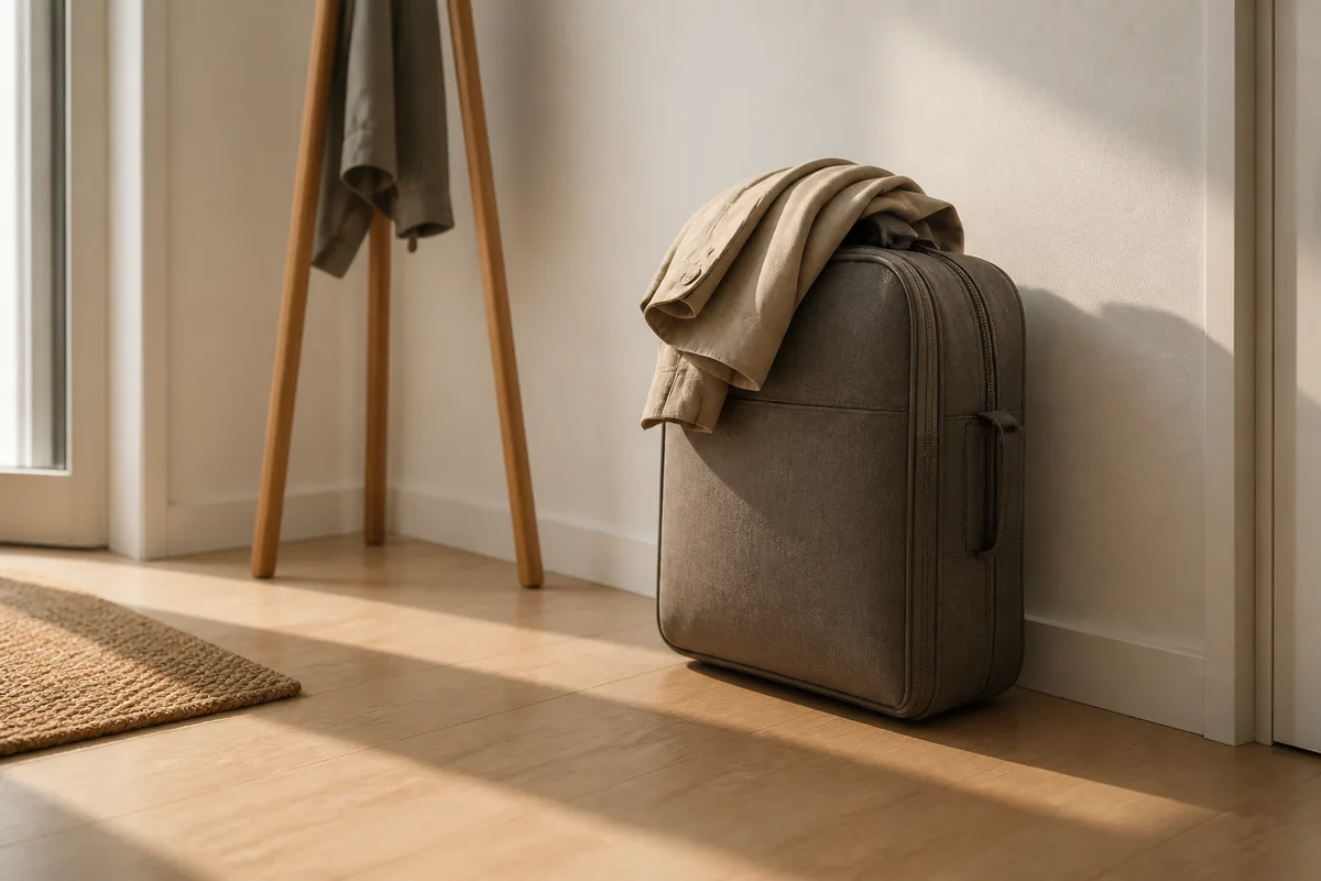 Sac de voyage cabine posé au sol dans une entrée, lumière douce de fin de journée