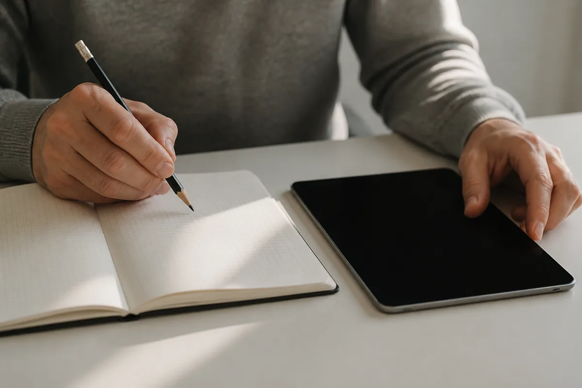 Mains d’un professionnel comparant un carnet de rendez-vous papier et une tablette posée sur le plan de travail
