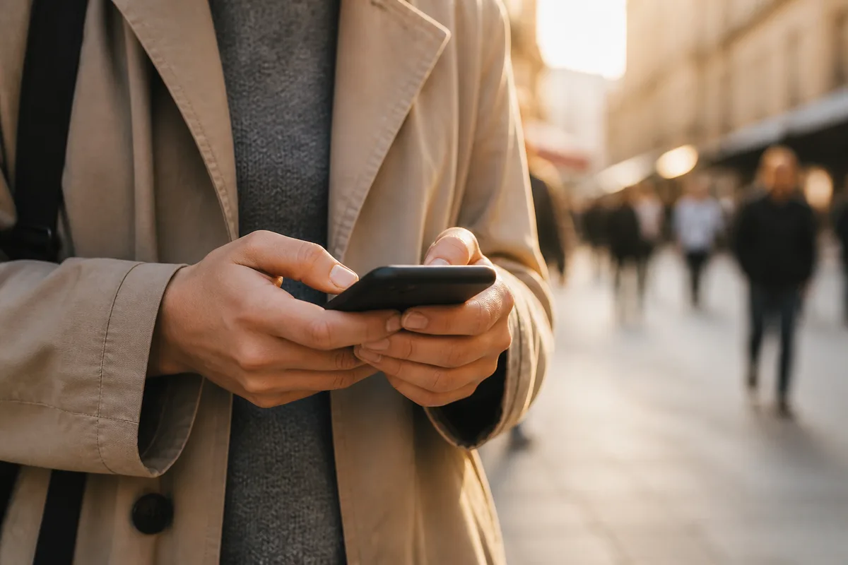 Client tenant son téléphone dans une rue commerçante, cadrage sur les mains et l’appareil