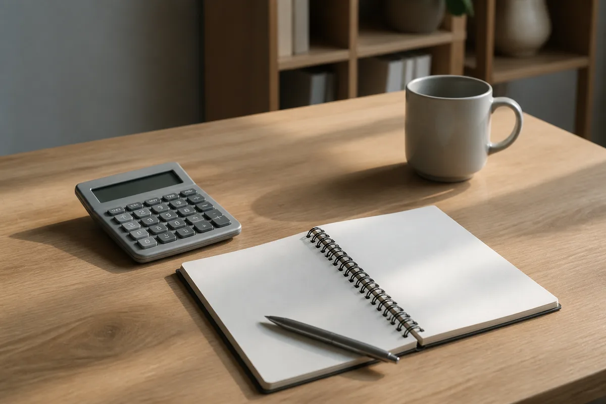 Bureau d’un commerçant avec calculatrice, carnet à spirale et tasse pour estimer un budget
