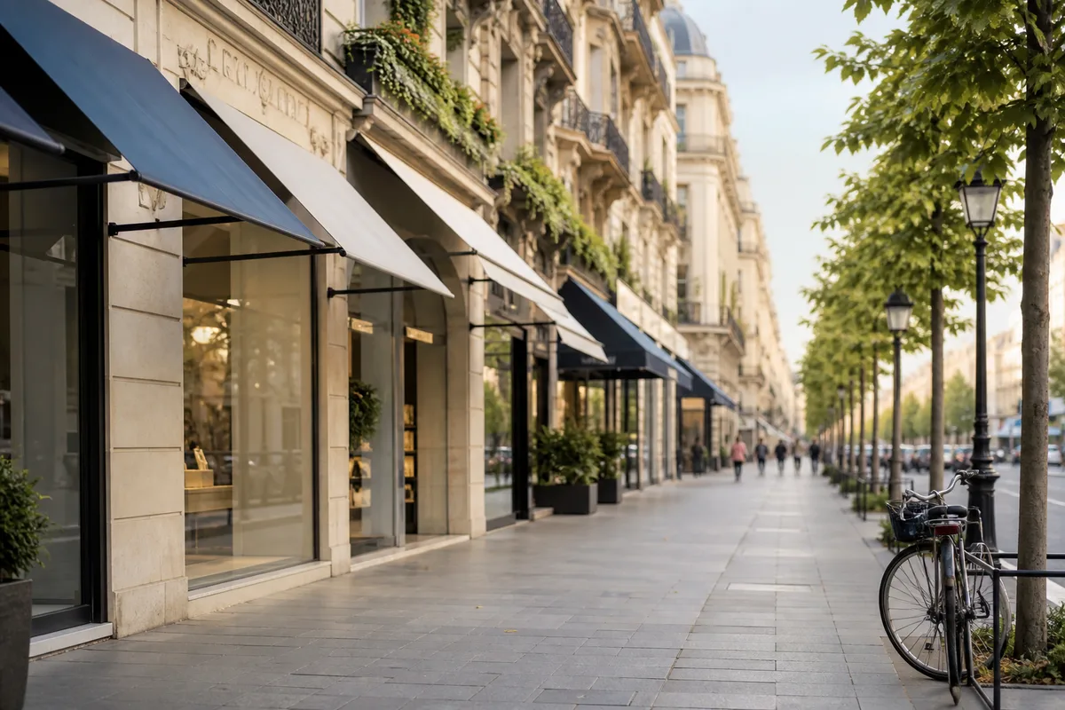 Rue commerçante vue en enfilade avec plusieurs devantures alignées sous un ciel clair
