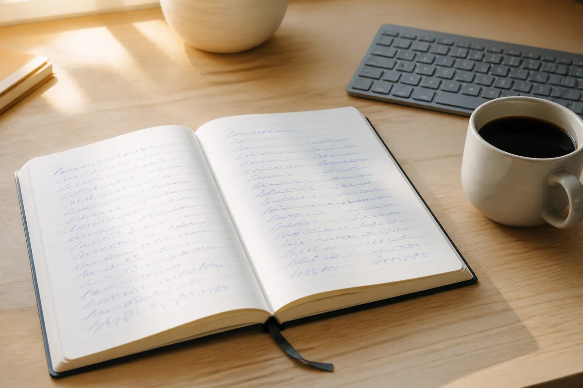 Bloc-notes ouvert avec une liste manuscrite à côté d&rsquo;un clavier et d&rsquo;une tasse sur un plan de travail clair