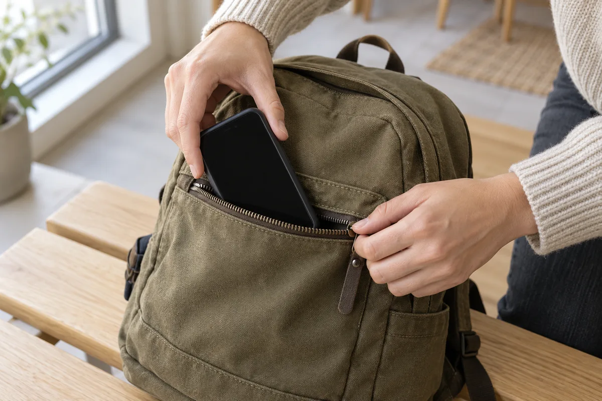 Mains glissant un téléphone éteint dans la poche avant d&rsquo;un sac à dos posé sur un banc