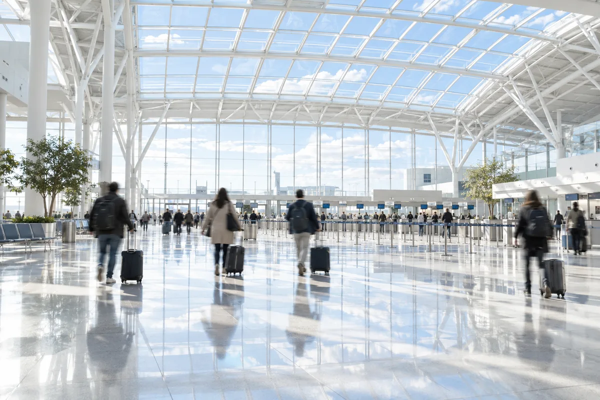 Hall d&rsquo;aéroport lumineux où des voyageurs vus de dos avancent vers la dépose des bagages