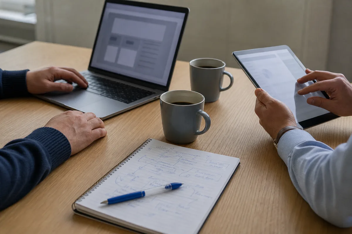 Gérante et prestataire web comparant deux écrans autour d&rsquo;une table en bois