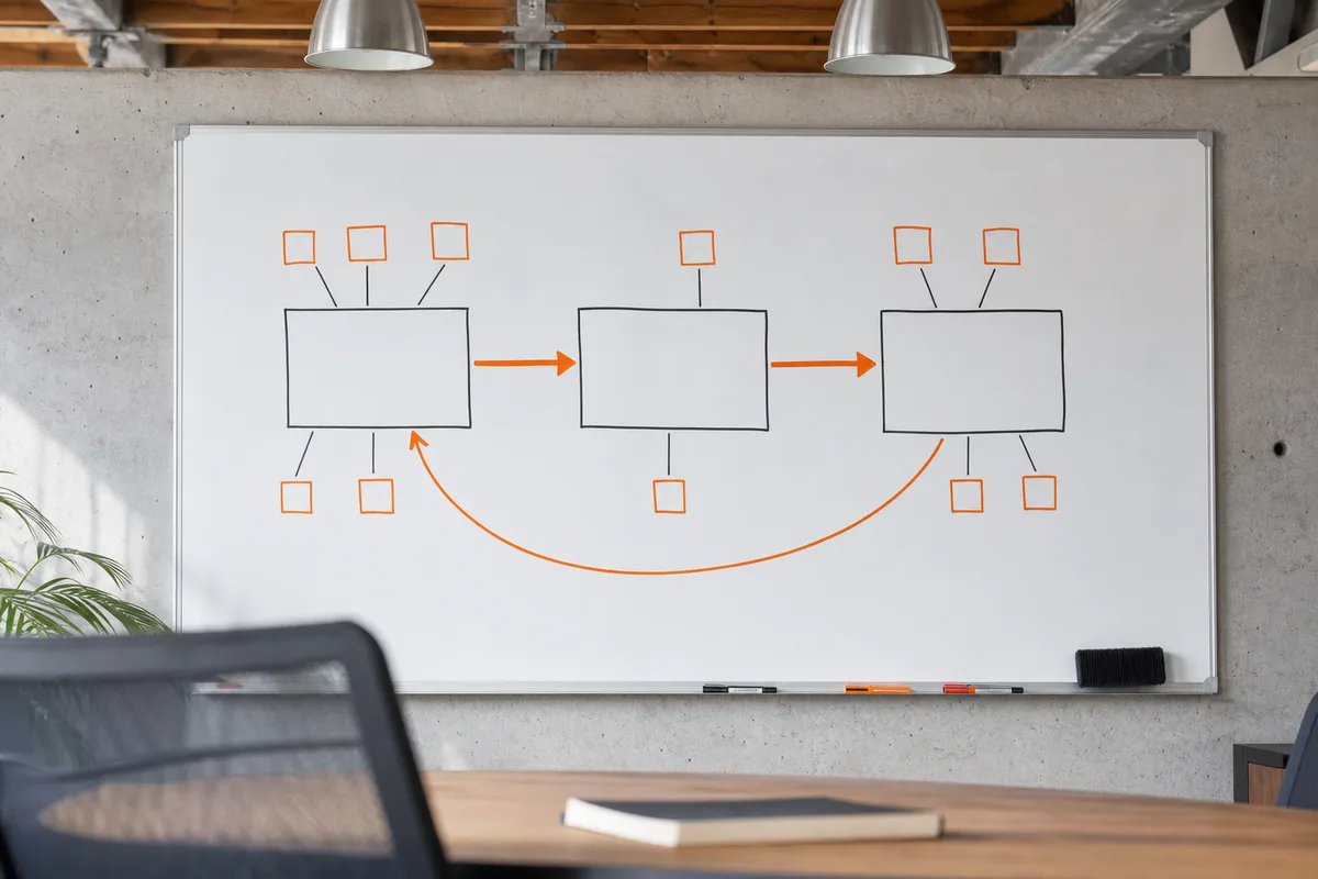 Schéma de flux tracé au feutre sur un tableau blanc dans un espace de travail partagé