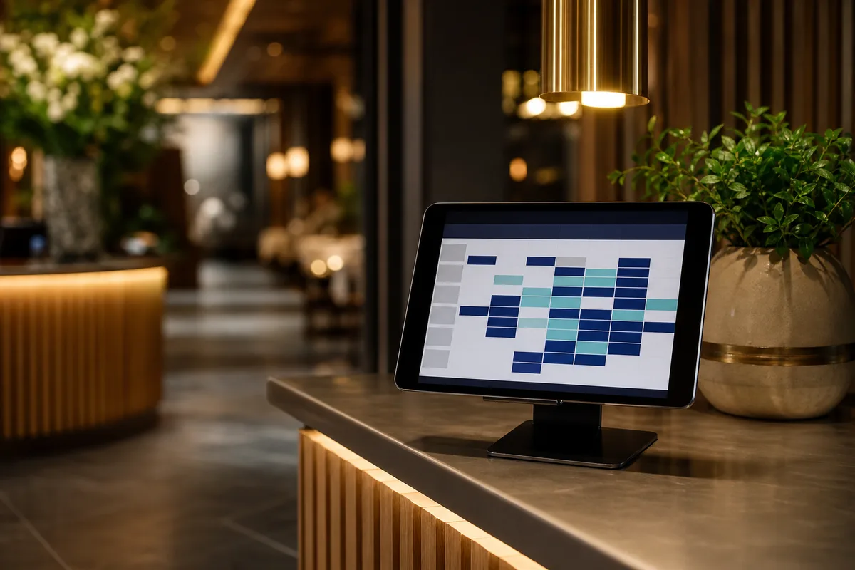 Comptoir d’accueil avec une tablette affichant un agenda de réservation