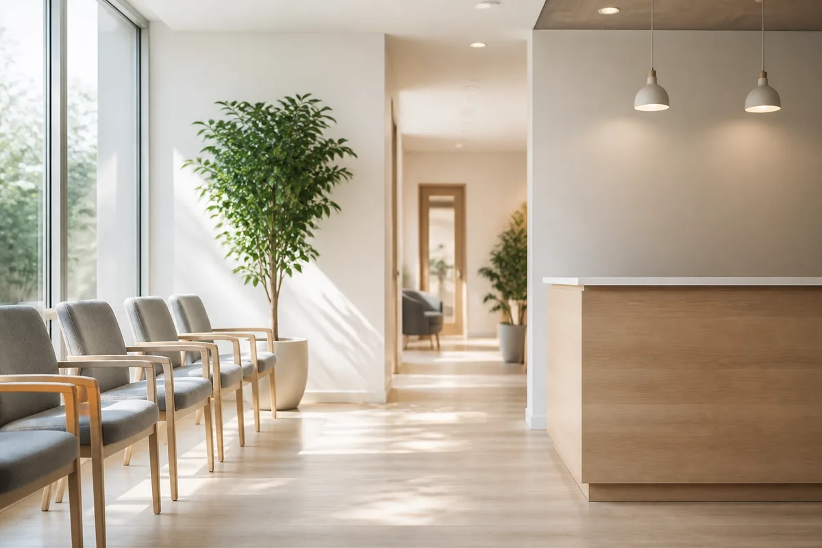 Salle d&rsquo;attente lumineuse avec chaises alignées, plante verte et comptoir d&rsquo;accueil vide
