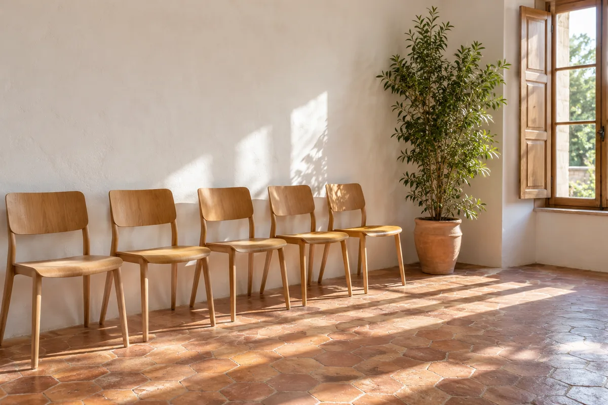 Salle d&rsquo;attente vide d&rsquo;un cabinet de kinésithérapie, chaises alignées dans la lumière du matin