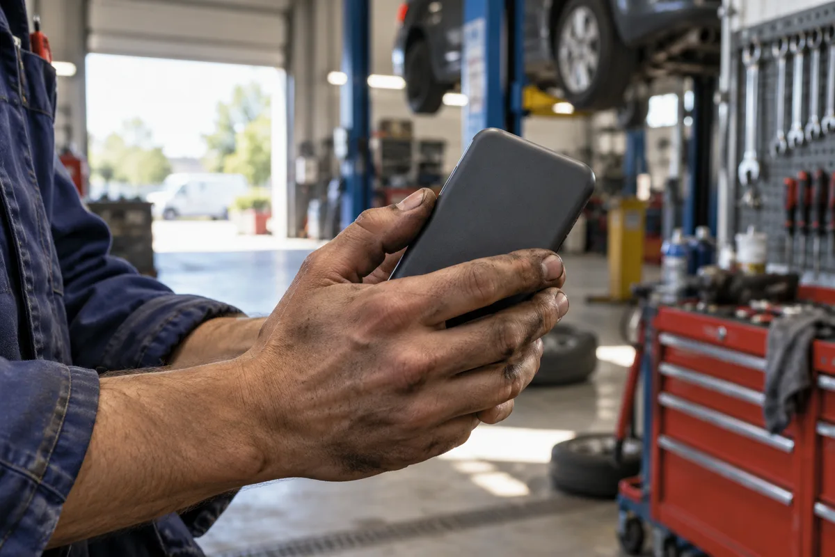 Mains d&rsquo;un mécanicien tenant un téléphone retourné, écran contre la paume, dans un atelier de garage