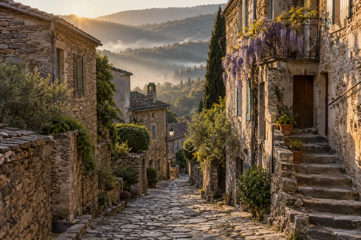 Rue en pente d&rsquo;un village cévenol en pierre au petit matin