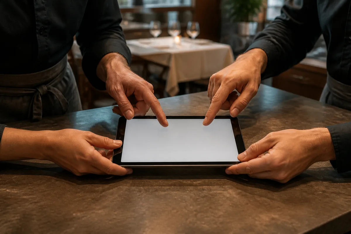 Mains de deux membres d’une équipe de salle consultant un planning sur une tablette derrière un comptoir
