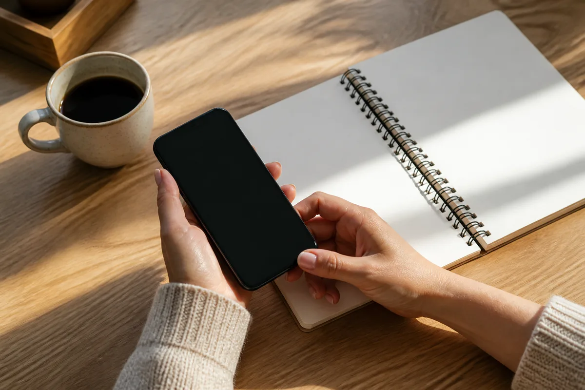 Mains d’une gérante saisissant un code de vérification sur un téléphone posé près d’un carnet ouvert