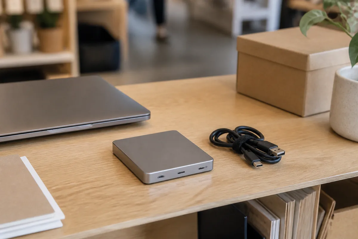 Disque dur externe débranché posé à côté d’un ordinateur portable fermé sur un bureau en bois clair