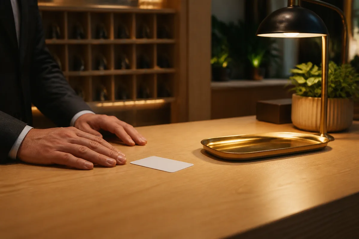 Comptoir de réception d’hôtel en fin de soirée, mains posées sur le plan de travail en bois clair