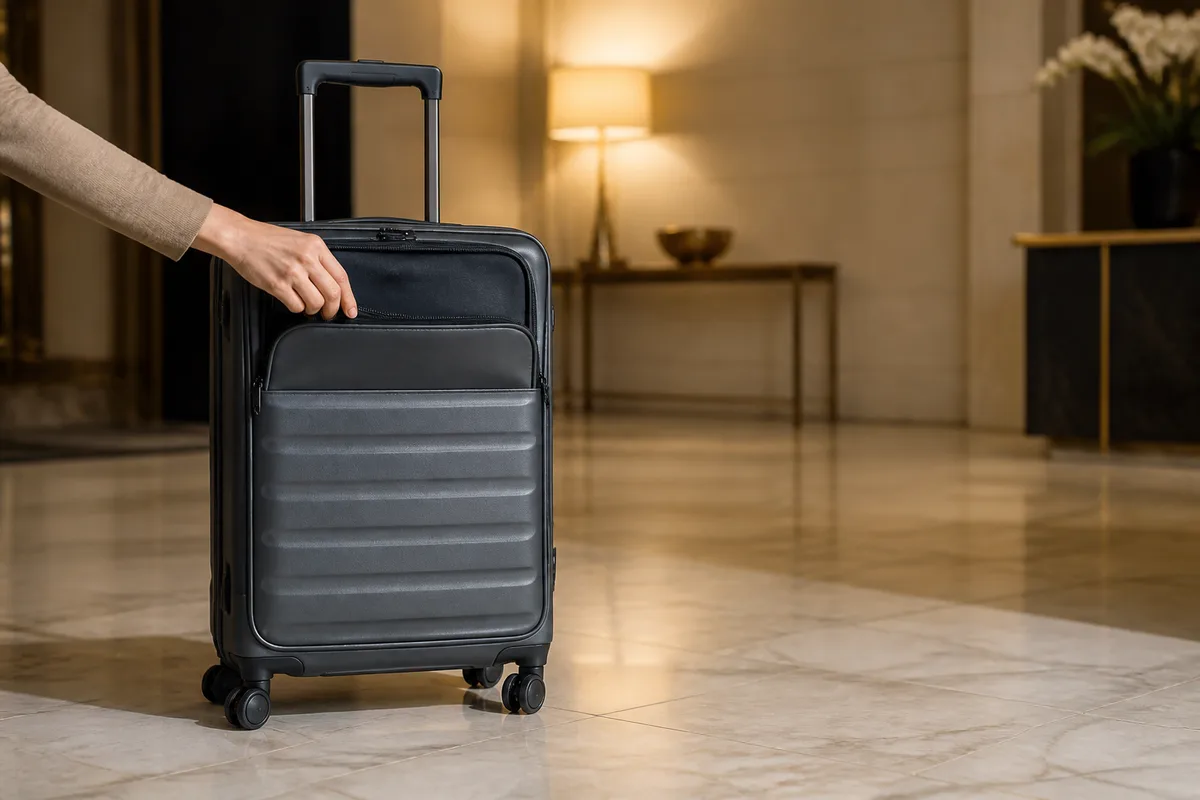 Valise de cabine posée dans un hall d’hôtel éclairé par une lampe chaude