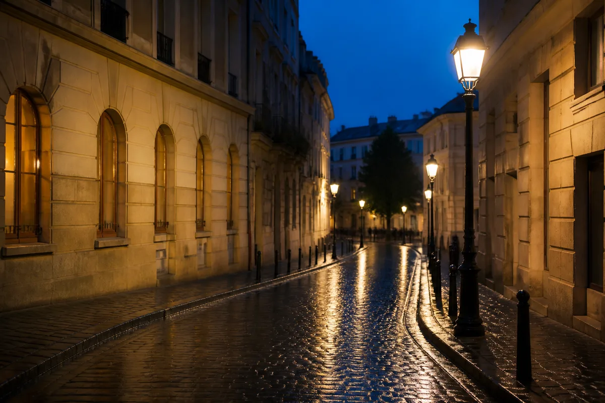 Rue de centre-ville à la tombée du soir, façades éclairées et pavés humides