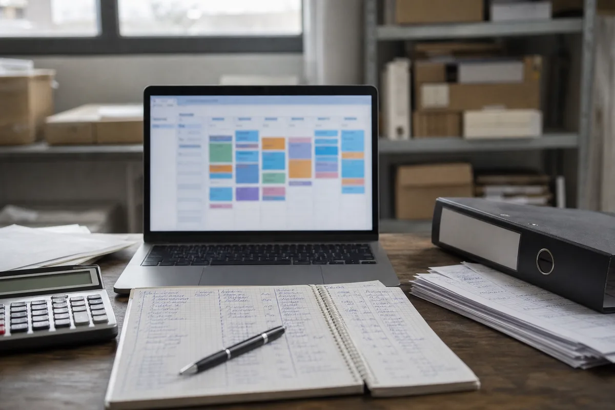 Écran d’ordinateur portable affichant une grille de créneaux floutée dans un petit bureau français