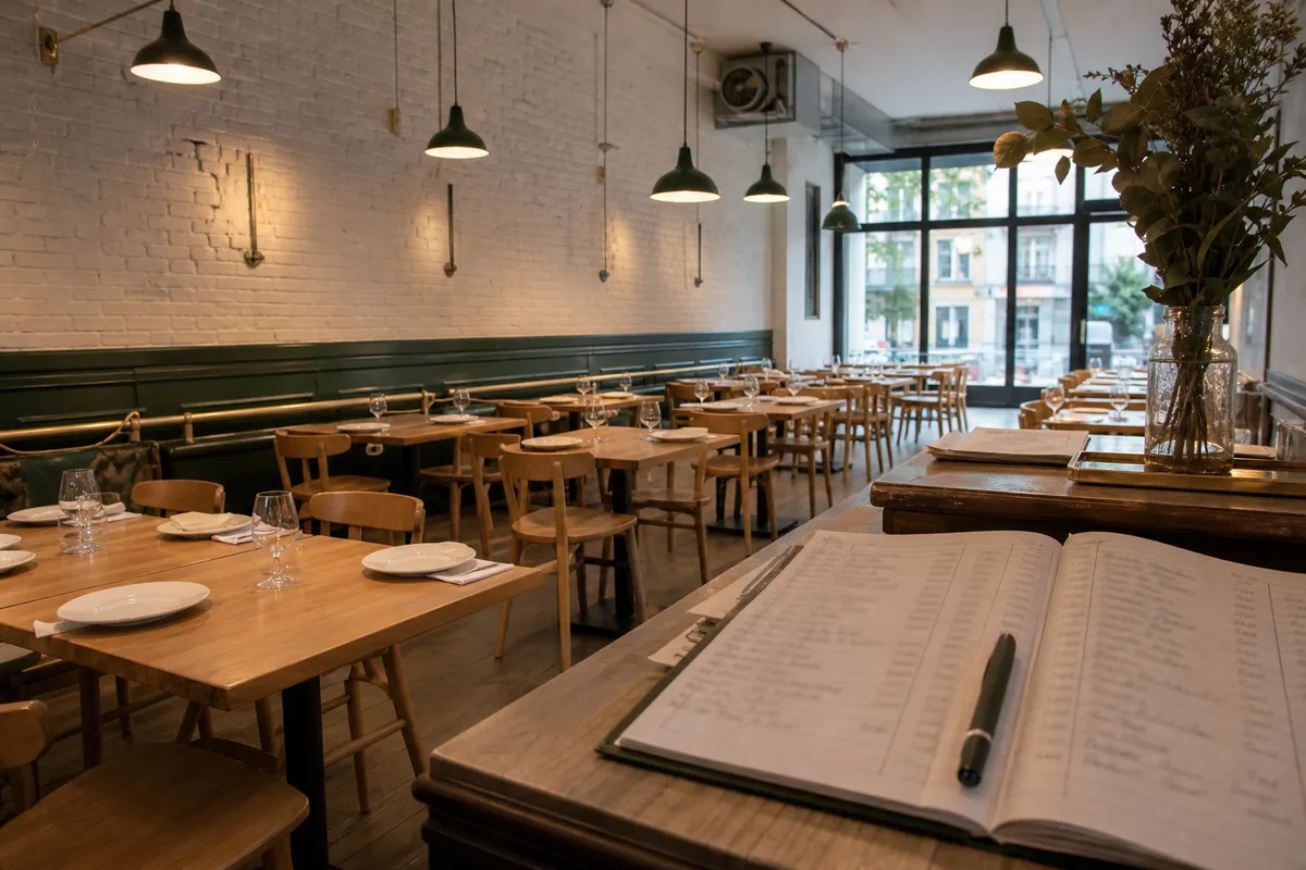 Salle de restaurant française préparée avec des tables dressées et un carnet de réservations ouvert